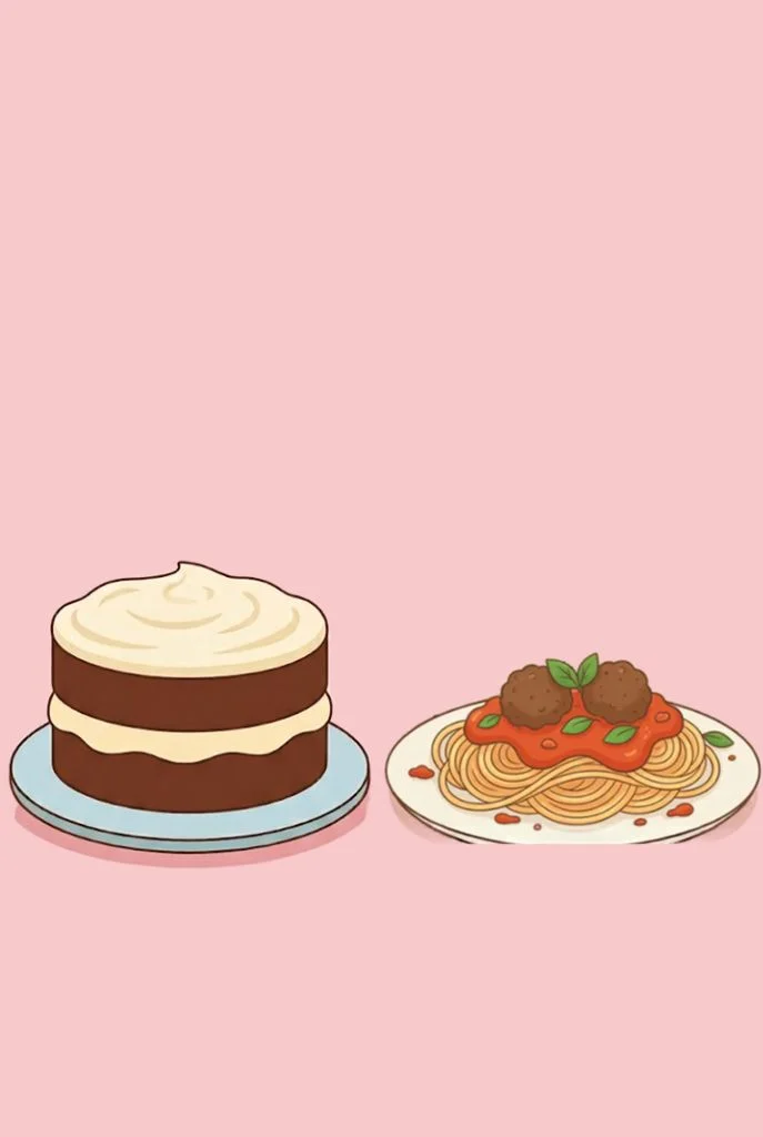 Illustration: a chocolate layer cake with cream frosting on a blue plate, next to a plate of spaghetti and meatballs, on a pink background.